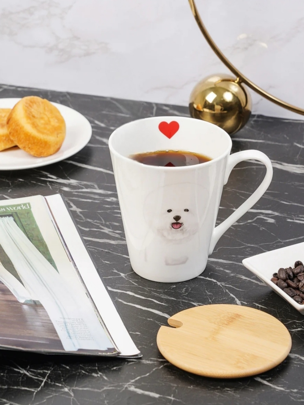 NIB Porcelain Bichon Dog Coffee Mug with Bamboo Lid Pets Bichon Dog Mug